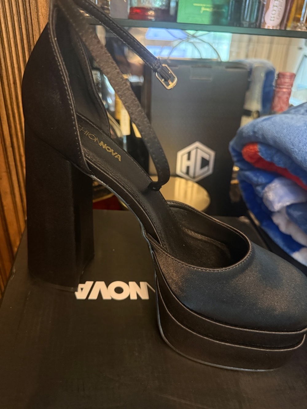 Fashion Nova Black Satin Platform Block Heel Pumps with Ankle Strap